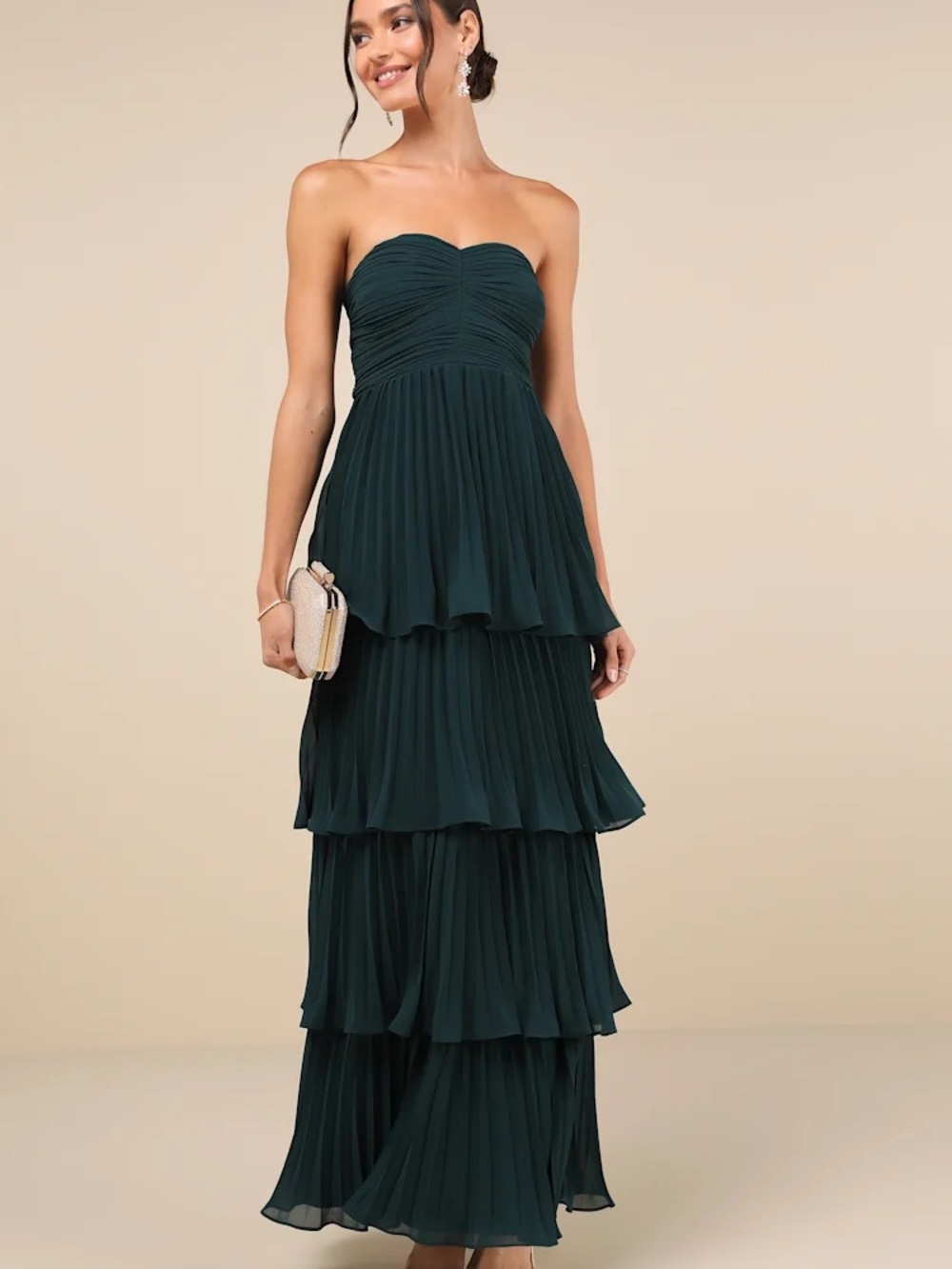 Lulus Strapless Dark Green Tiered Maxi Dress